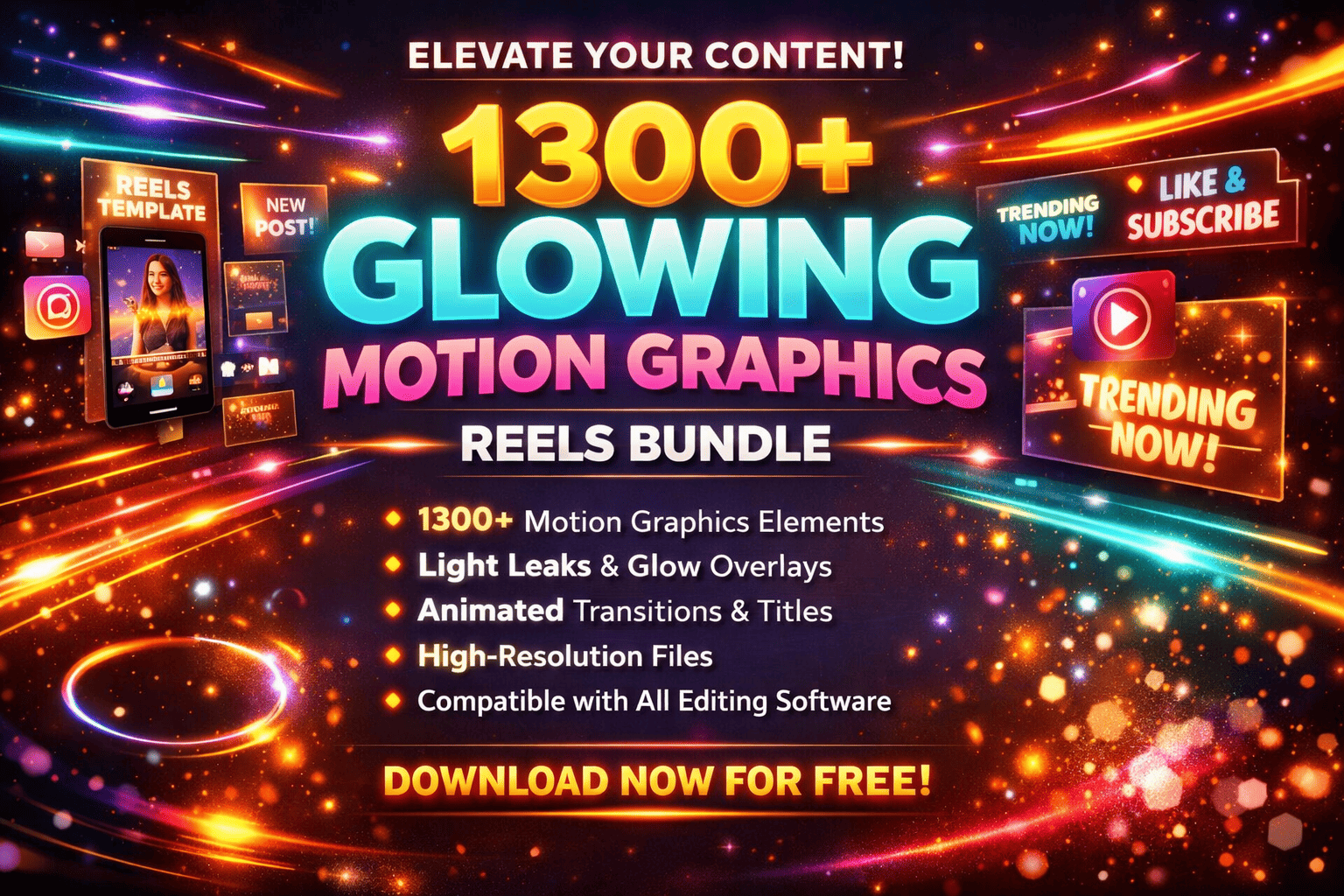 1300+ Glowing Motion Graphics Reels Bundle – Free Download Banner